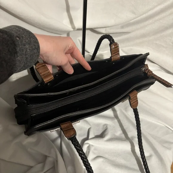 Mixed Media Black Brown Faux Leather Tote Shoulder Purse Document Bag Embossed - Picture 11 of 14